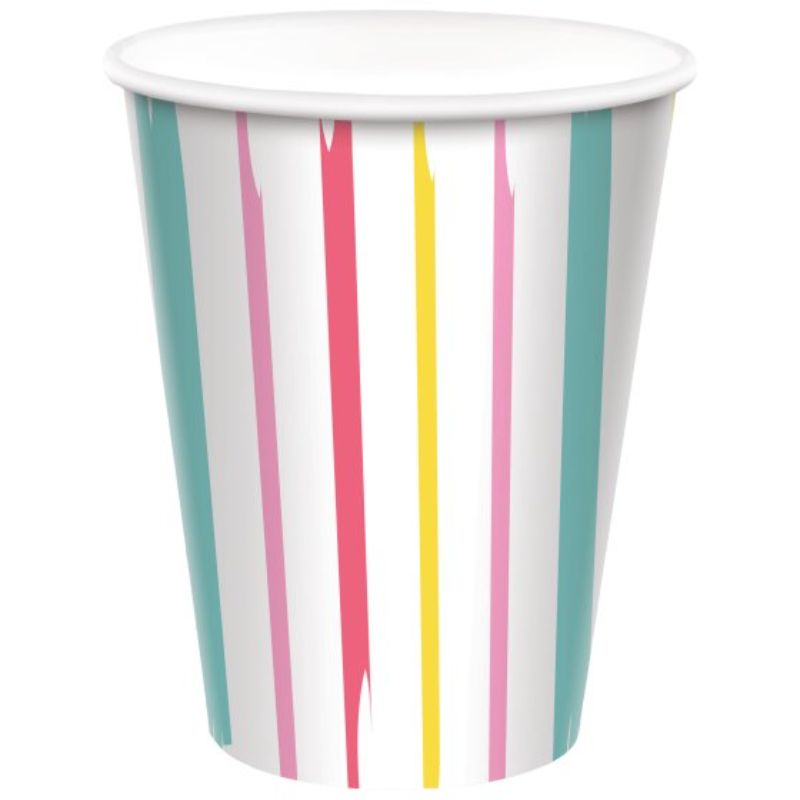 Just Chillin 9oz paper cups pack of 8, ideal for hot and cold drinks, eco-friendly, stylish, and perfect for parties.