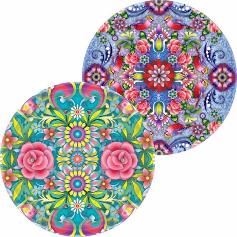 Colorful 7" round paper plates in mixed designs, perfect for stylish dining at events, pack of 8, eco-friendly and sturdy.