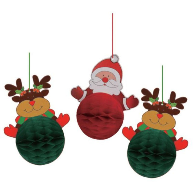 Set of 3 colorful honeycomb decorations featuring Santa and reindeer, perfect for festive holiday decor and celebrations.