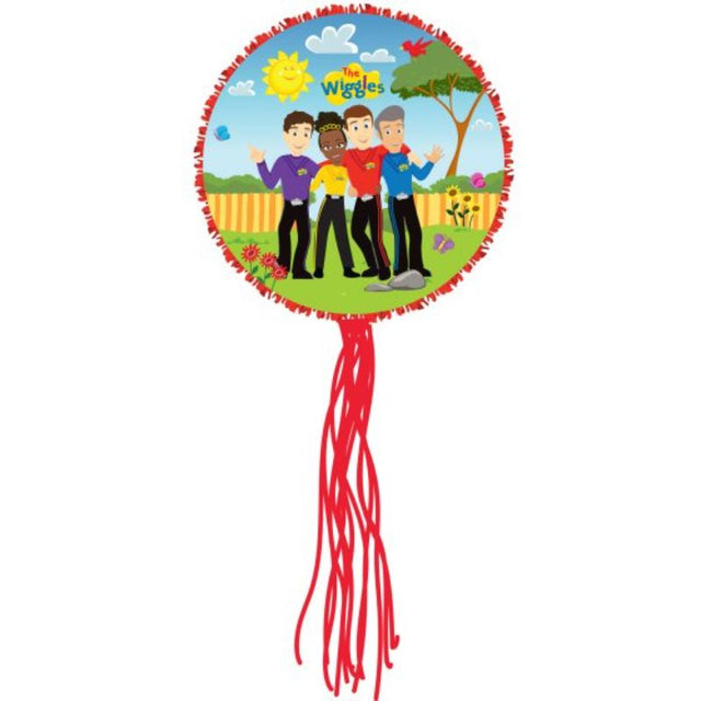 Vibrant Wiggles-themed pull string drum pinata, perfect for safe birthday fun and capturing joyful party memories.