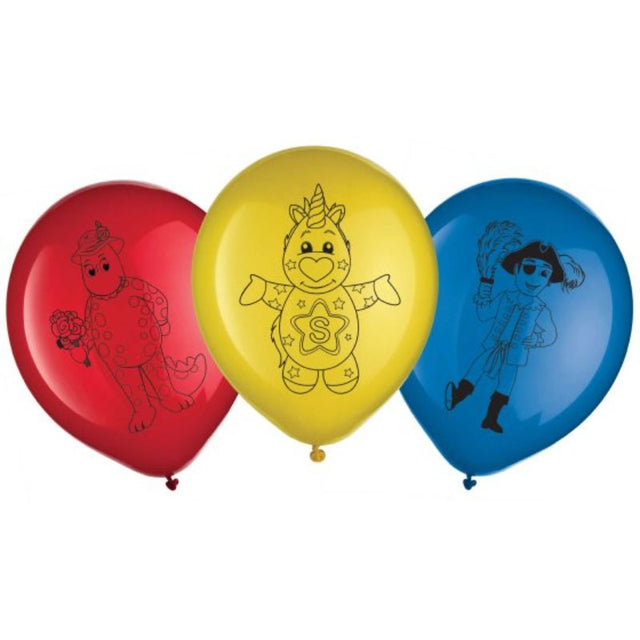 Set of 6 vibrant 30cm latex balloons featuring fun designs from The Wiggles, perfect for kids' themed parties.