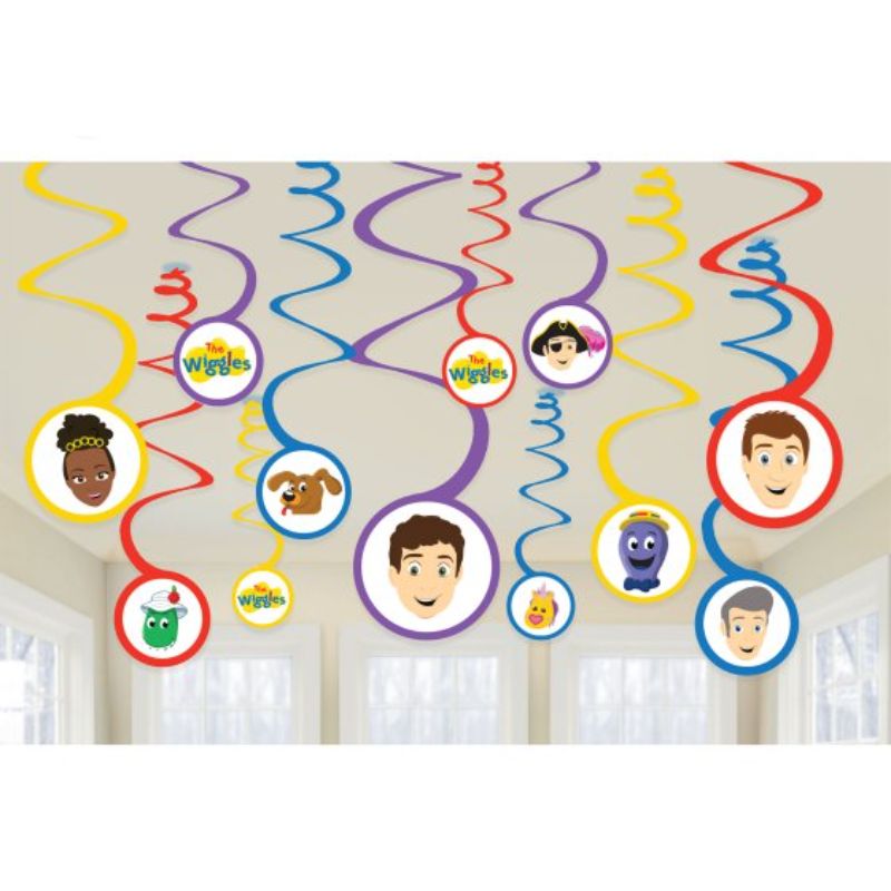 Colorful spiral decorations featuring The Wiggles characters, perfect for a vibrant children's party or celebration.