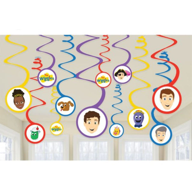 Colorful spiral decorations featuring The Wiggles characters, perfect for a vibrant children's party or celebration.