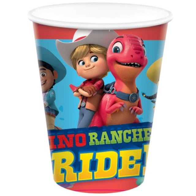 Brightly colored Dino Ranch paper cups featuring prehistoric characters, perfect for kids' parties and eco-friendly celebrations.