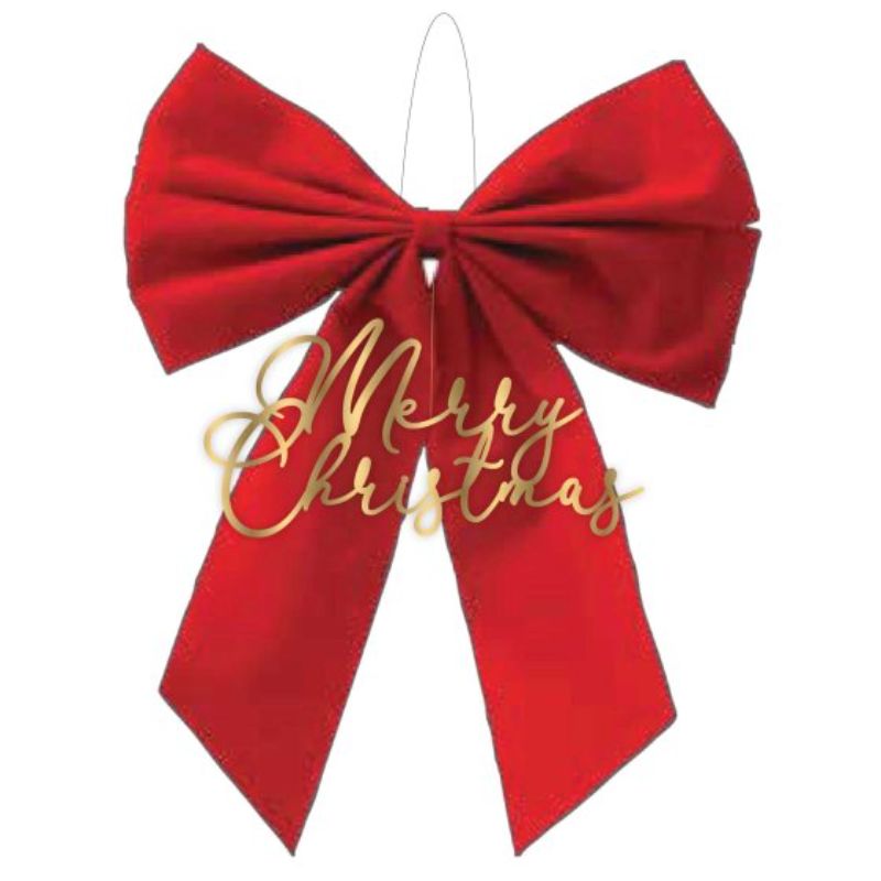 Christmas Gathered Red Bow & Merry Christmas decoration, 36cm x 30cm, vibrant red, fabric and plastic, perfect for festive decor.