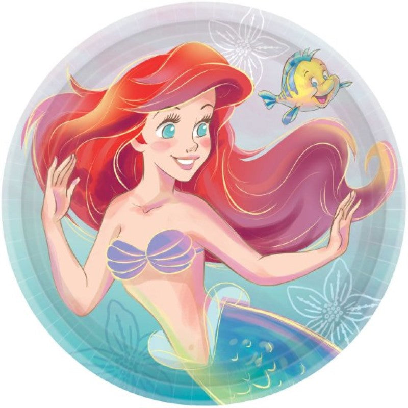 Set of 8 vibrant 23cm paper plates featuring Ariel, perfect for Little Mermaid-themed parties and ocean-inspired events.