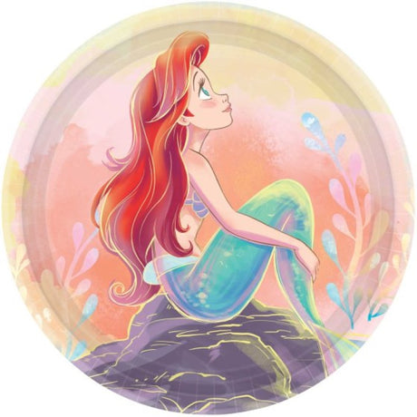 Vibrant 18cm round paper plates featuring characters from The Little Mermaid, perfect for kids' themed birthday parties.