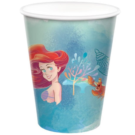 Set of 8 Little Mermaid 266ml paper cups featuring vibrant designs, perfect for Disney-themed parties and celebrations.