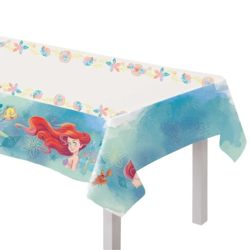 Colorful Little Mermaid tablecover featuring Ariel and ocean creatures, perfect for under-the-sea themed parties and gatherings.