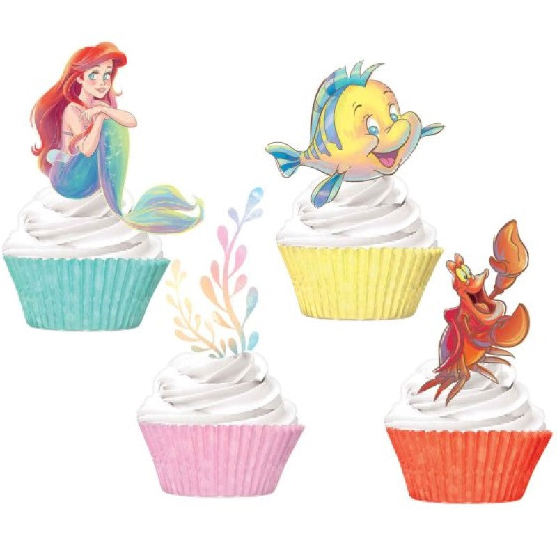 Set of 24 Little Mermaid cupcake cases and picks featuring Ariel for themed baking and ocean-inspired celebrations.