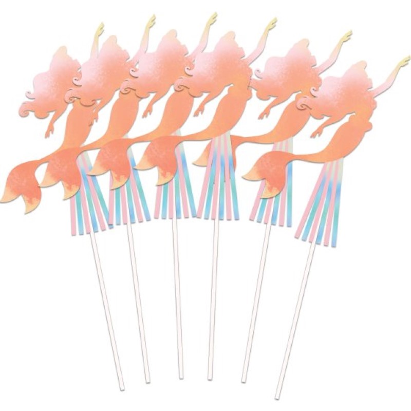 Colorful set of 6 Little Mermaid wands designed for imaginative play and themed parties, perfect for young mermaid enthusiasts.