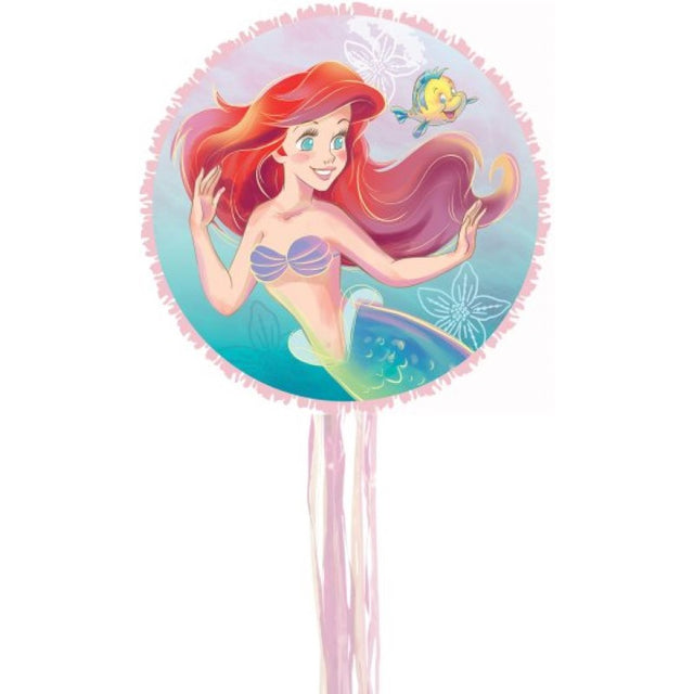 Vibrant Little Mermaid pinata with pull strings, perfect for children's parties and treasure-filled fun.