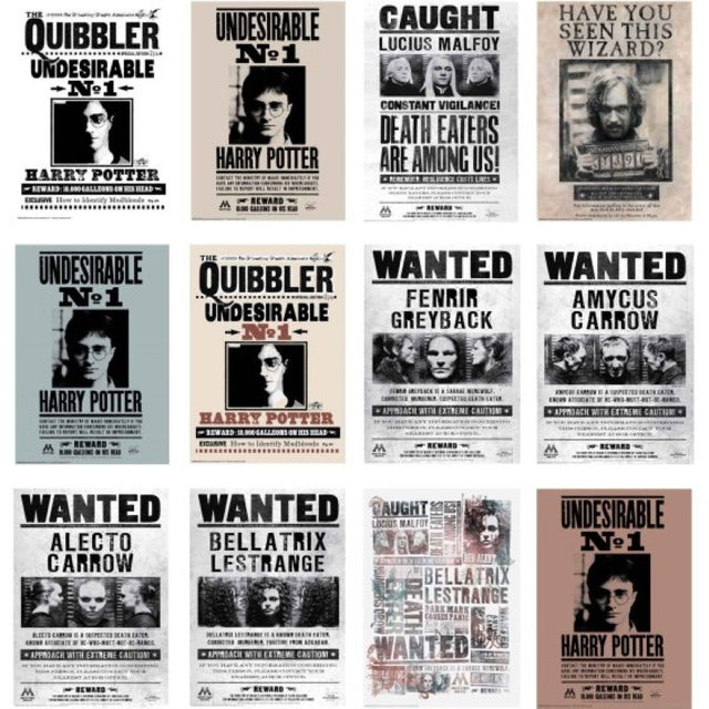 Set of 12 Harry Potter wanted poster cutouts featuring iconic wizarding characters for party decoration and fan collections.