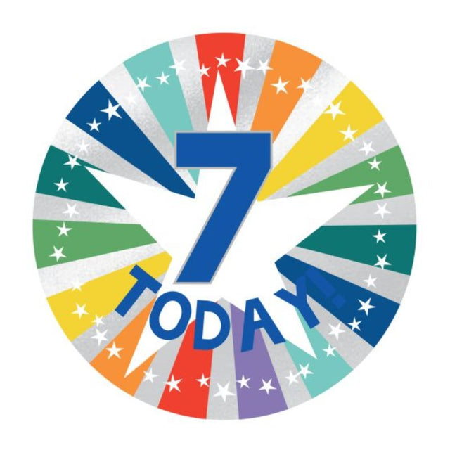 Vibrant 6cm badge reading "7 Today!" for birthdays, adding festive flair to any celebration.