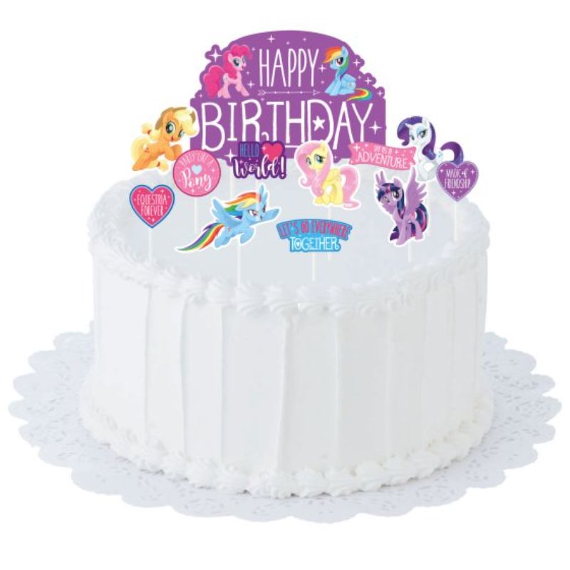 Colorful My Little Pony cake topper kit with 12 characters, perfect for themed birthday parties and celebrations.