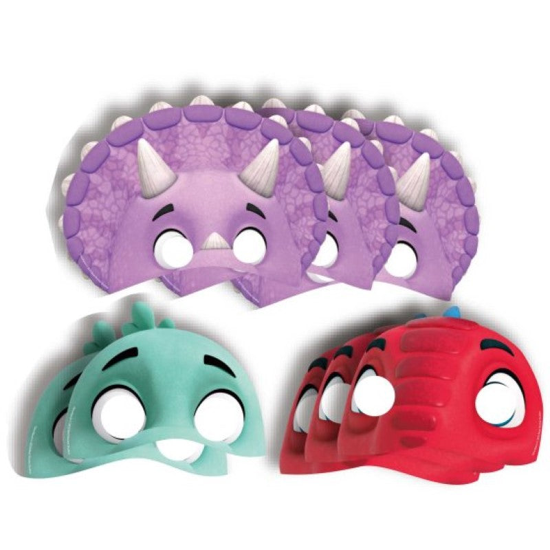 Colorful Dino Ranch paper masks set of 8 for imaginative play, featuring popular dinosaur characters for kids’ fun and creativity.