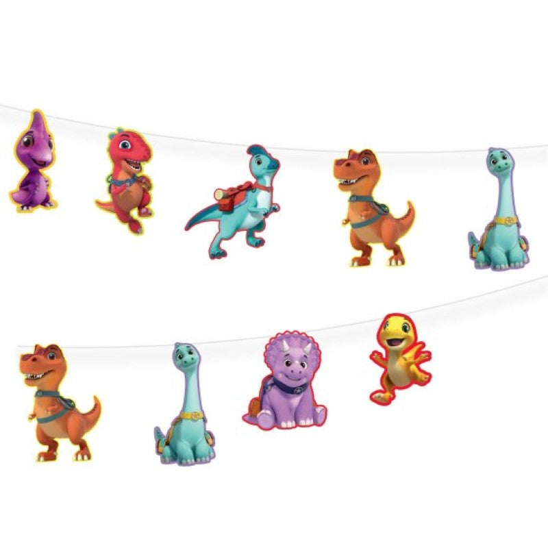 Vibrant Dino Ranch garland banner set featuring cheerful dinosaur designs, perfect for decorating parties and playrooms.