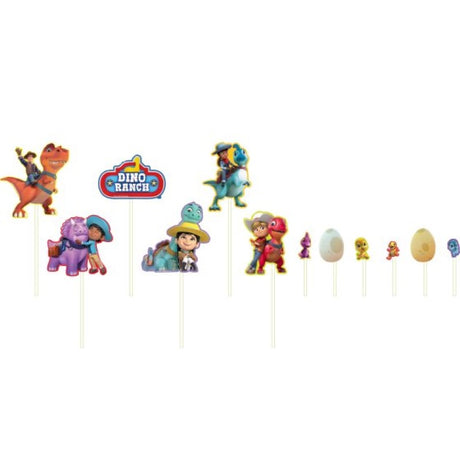 Colorful Dino Ranch Cake Topper Kit featuring 12 adorable dinosaur designs, perfect for kids' birthday celebrations.