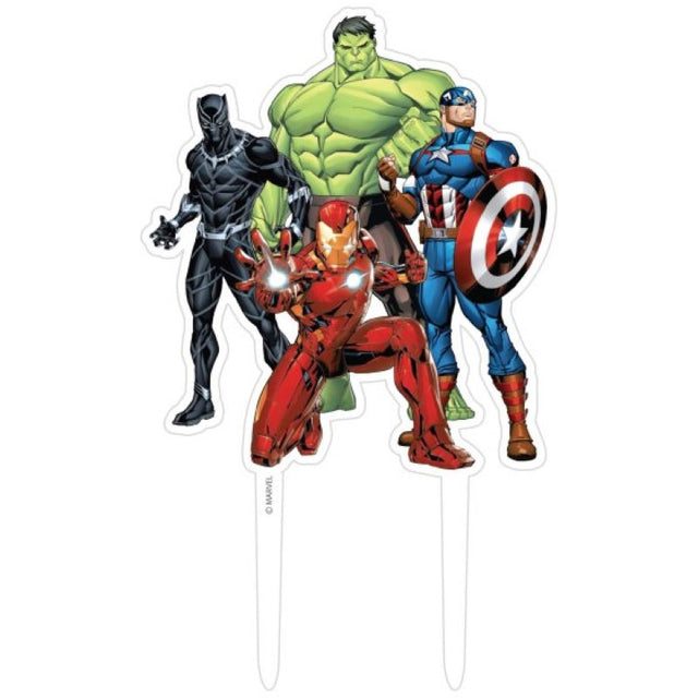 Marvel Avengers Powers Unite Acrylic Cake Topper featuring iconic superheroes, perfect for celebrations and reusable fun.