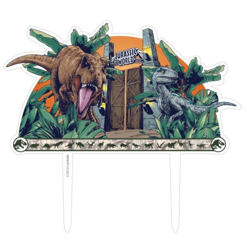 Jurassic Into The Wild Acrylic Cake Topper, 14cm W x 17cm H, perfect for dinosaur-themed celebrations and reusable for memorable events.