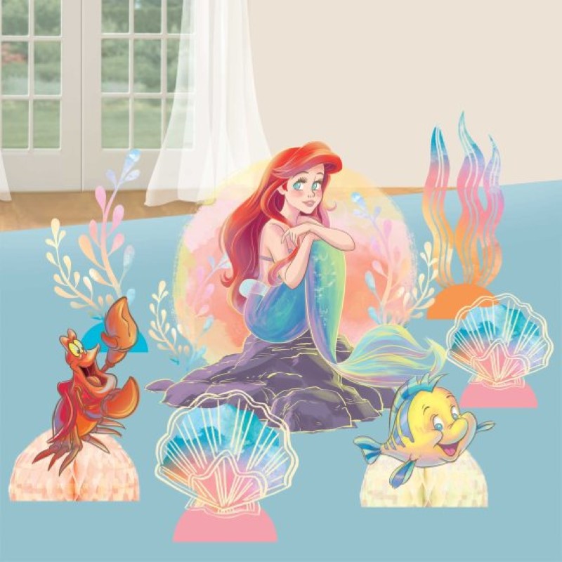 Vibrant Little Mermaid table decorating kit with 7 pieces featuring Ariel and ocean friends, perfect for birthday celebrations.