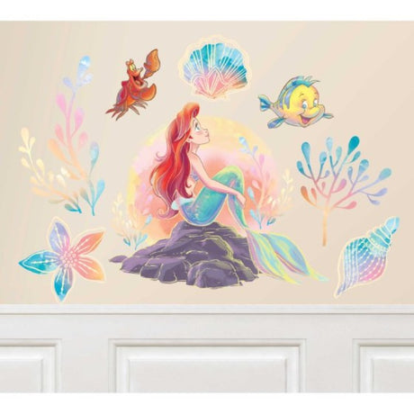 Vibrant wall decor set featuring Ariel, Flounder, and Sebastian for enchanting mermaid-themed room transformation.