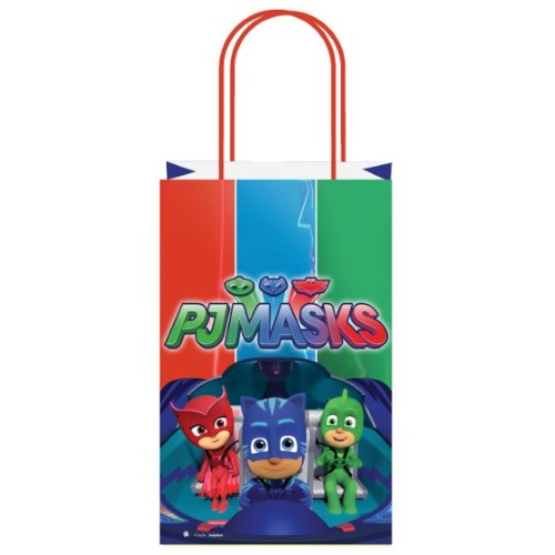 Colorful PJ Masks paper kraft bags featuring Catboy, Owlette, and Gekko, perfect for birthday parties and eco-friendly gifting.