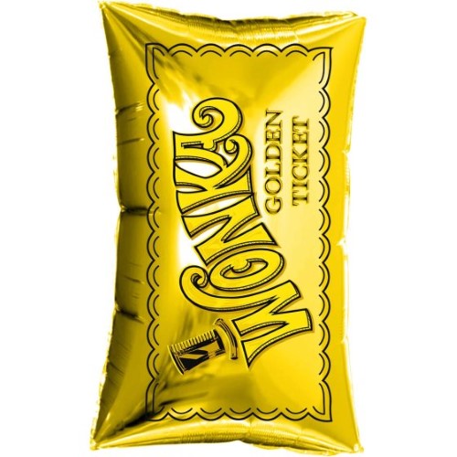 Large golden ticket-shaped balloon inspired by Willy Wonka, perfect for celebrations and themed events, self-sealing foil design.