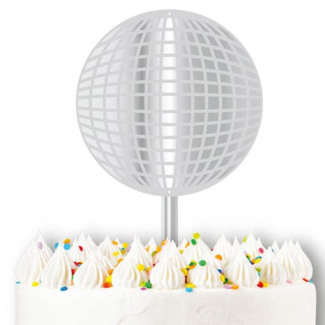 Disco Ball 2D Acrylic Cake Topper, 9cm, shimmering, reflective design for disco-themed parties, adds elegance to celebrations.