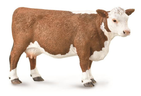 Hand-painted CollectA Hereford Cow figurine, 12.4cm x 7.2cm, made of durable, non-toxic PVC for play and display.