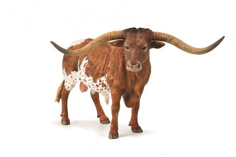 Hand-painted CollectA Texas Longhorn Bull figurine, 16.2cm x 8.6cm, made from durable, non-toxic vinyl, showcasing impressive detail.