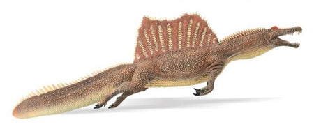 Hand-painted 1:40 scale Spinosaurus model with movable jaw, showcasing detailed craftsmanship and vibrant colors.