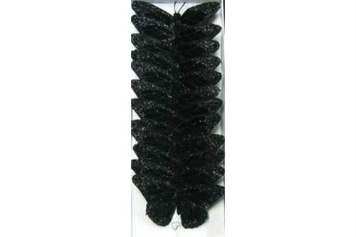 Black glitter artificial butterflies (set of 12) with bendable bodies, perfect for crafts and home decor accents.