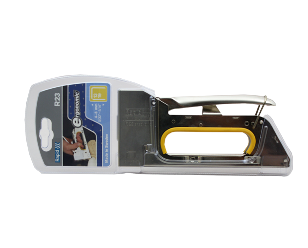 Compact, all-steel Rapid 23 light-duty stapler with bottom loading and recoilless operation for comfortable use.