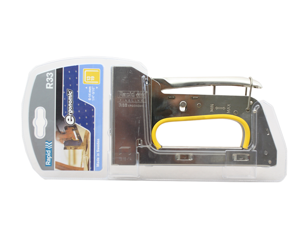 Heavy-duty chrome stapler tacker with adjustable force, bottom-loading magazine, and smooth recoilless operation.