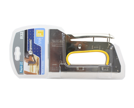 Heavy-duty chrome stapler tacker with adjustable force, bottom-loading magazine, and smooth recoilless operation.