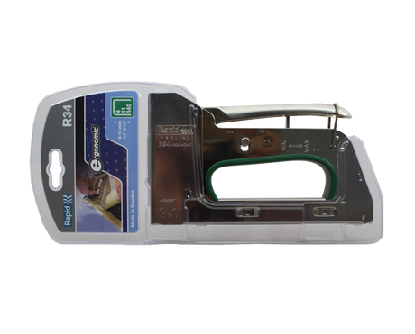 Heavy-duty Rapid 34 stapler tacker with adjustable force, bottom-loading magazine, and ergonomic design for tough materials.