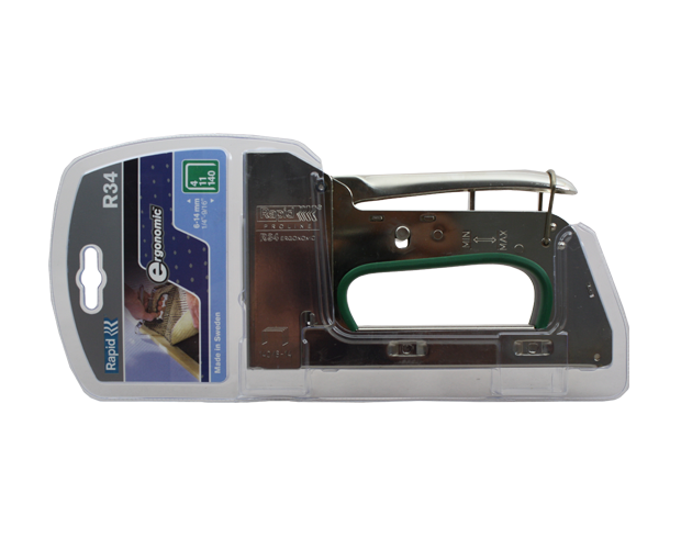 Heavy-duty Rapid 34 stapler tacker with adjustable force, bottom-loading magazine, and ergonomic design for tough materials.