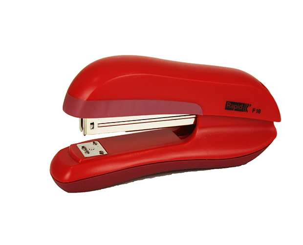 Stylish Sweet Red stapler with ergonomic design, staples 20 sheets, and features adjustable anvil for temporary stapling.