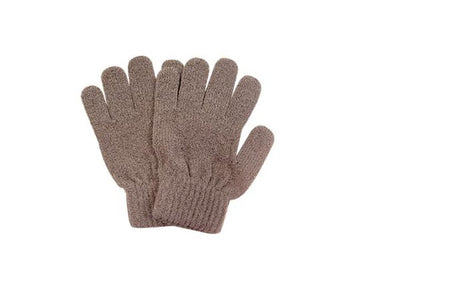 Manicare Exfoliating Gloves in brown, designed to cleanse, massage, and exfoliate for smoother, healthier skin.