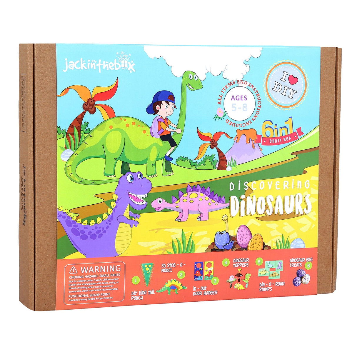 Colorful DIY Craft Box featuring six dinosaur-themed activities for creative kids aged 5 and up, including sewing and modeling.