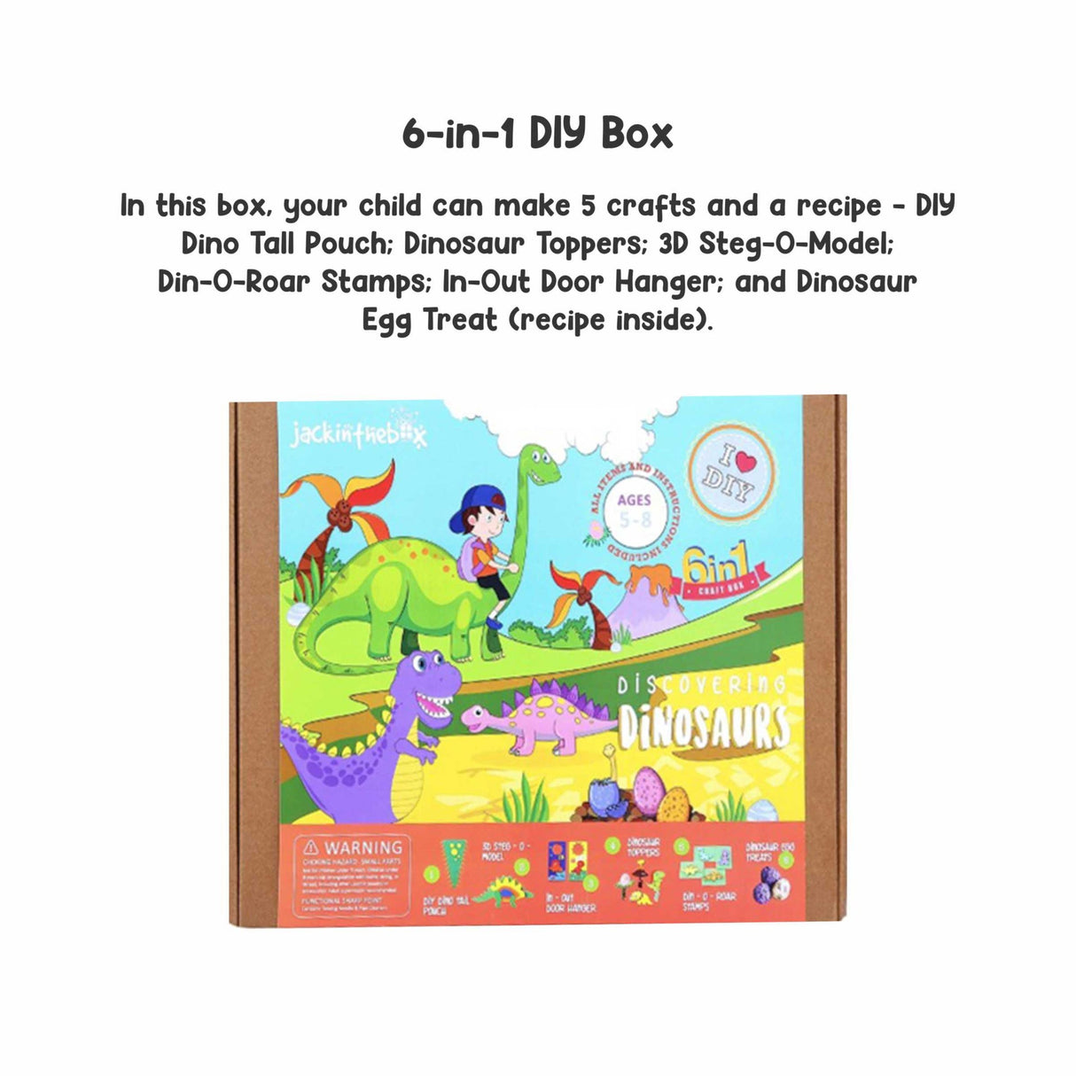 Colorful DIY Craft Box for kids featuring 6 dinosaur-themed activities, perfect for creative young explorers aged 5 and up.