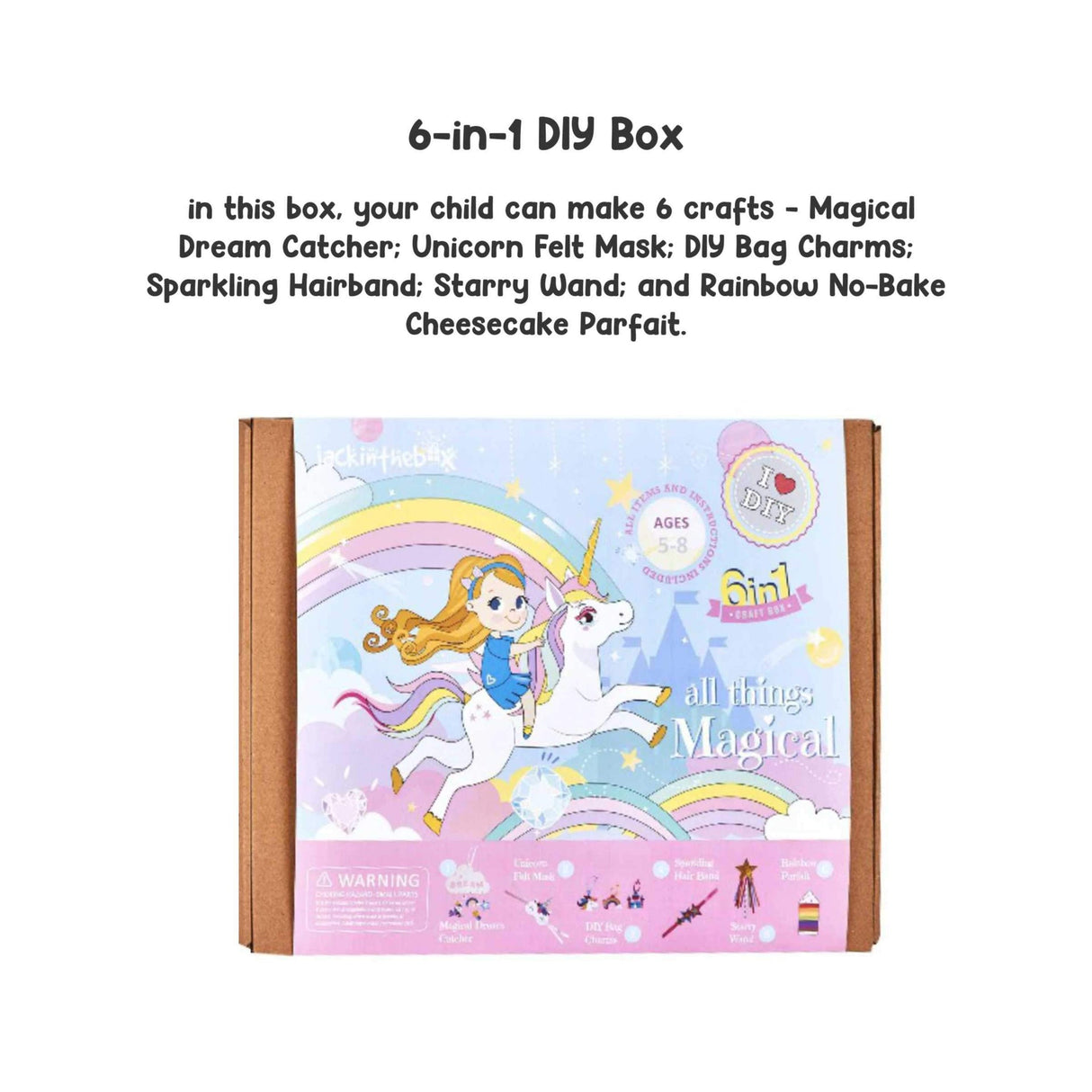 Colorful DIY Craft Box for kids with 6 magical activities, including dream catchers, unicorn masks, and no-bake desserts.