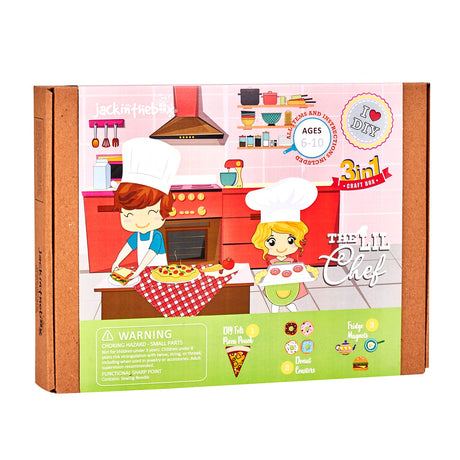 DIY Craft Box - Lil Chef 3 in 1 features three fun activities for kids: sew a pizza pouch, create donut coasters, and make fridge magnets.