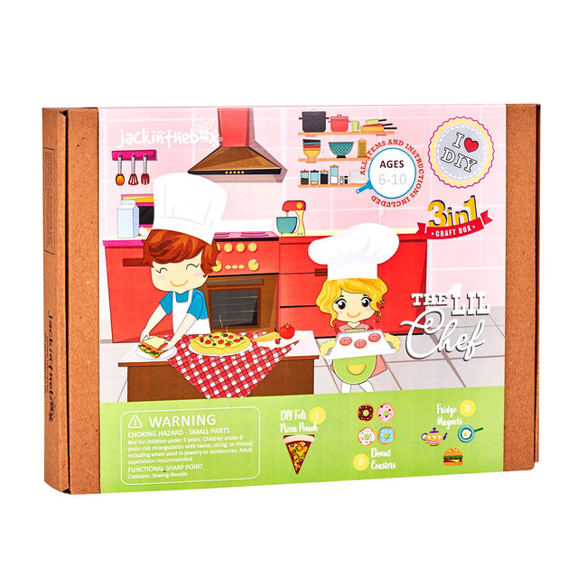 DIY Craft Box - Lil Chef 3 in 1 features three fun activities for kids: sew a pizza pouch, create donut coasters, and make fridge magnets.