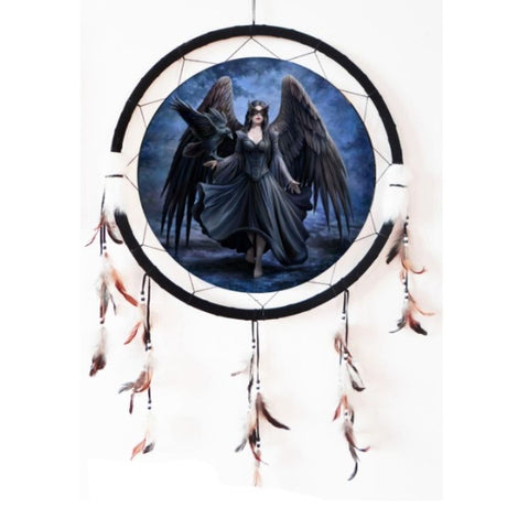 Gothic Dreamcatcher Raven 62cm wall hanging with black velvet, faux fur, and tonal feathers by Anne Stokes.