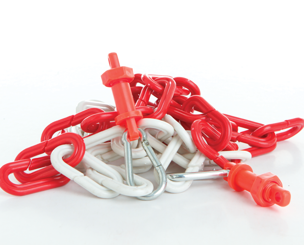 High-strength red and white plastic safety chain (1 metre) for cordoning off hazardous areas and ensuring safety.