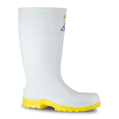 Bata Safemate White gumboots size 3 with steel toe, waterproof design, slip-resistant soles for food industry safety.