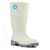 Bata Worklite Safety Toe Gumboots in white, size 10, providing protection and comfort in wet environments with anti-slip features.