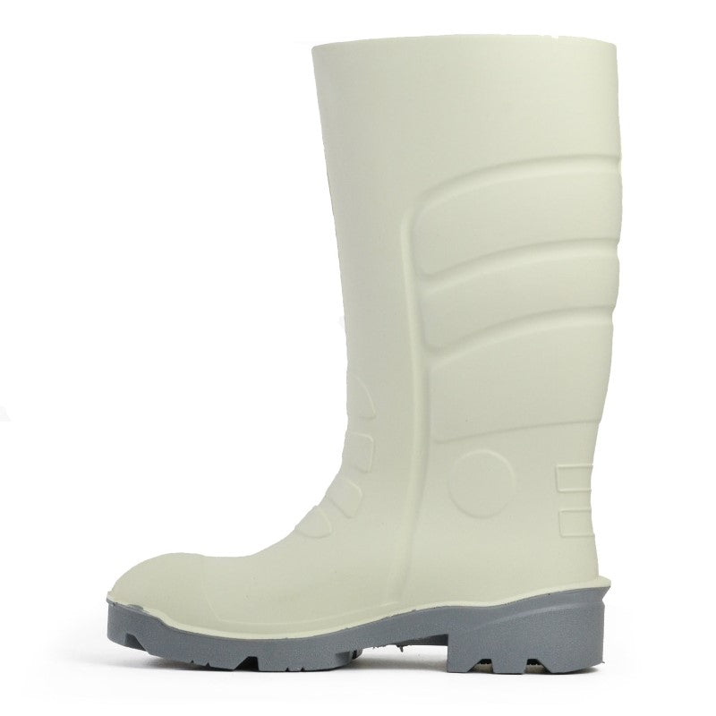 Bata Worklite Safety Toe Gumboots in white, size 8, designed for wet environments with water resistance and anti-slip features.